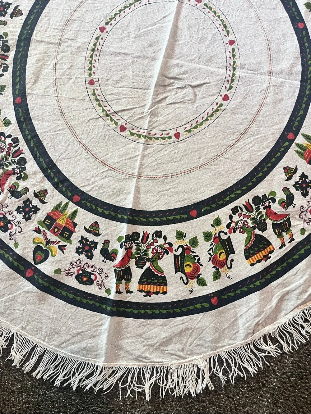 Set of 2 1950s tablecloths Pennsylvania PA Dutch Folk Art 56” Round & floral sq